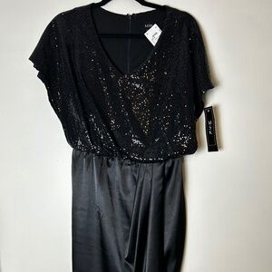 MSK Black Sequin and Satin Party Dress, Black Short Sleeve Cocktail Dress